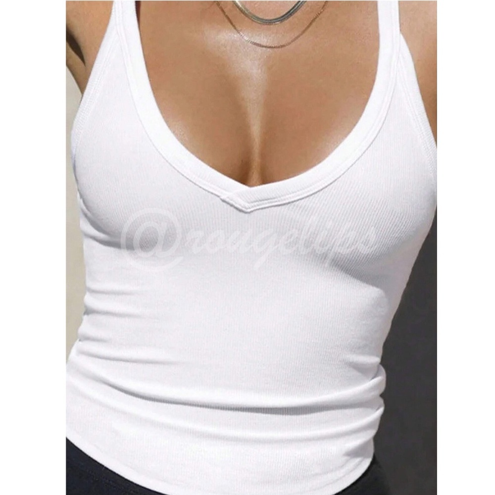 White Ribbed Tank Top Racerback V-Neck Slim Fit Stretchy Basic - Picture 4 of 15